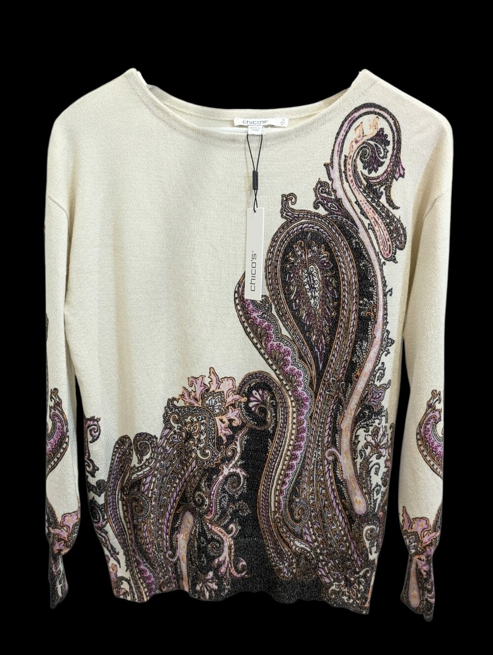 NEW Chico's Metallic Paisley Pullover Sweater Small Black Pink Bateau Neck
